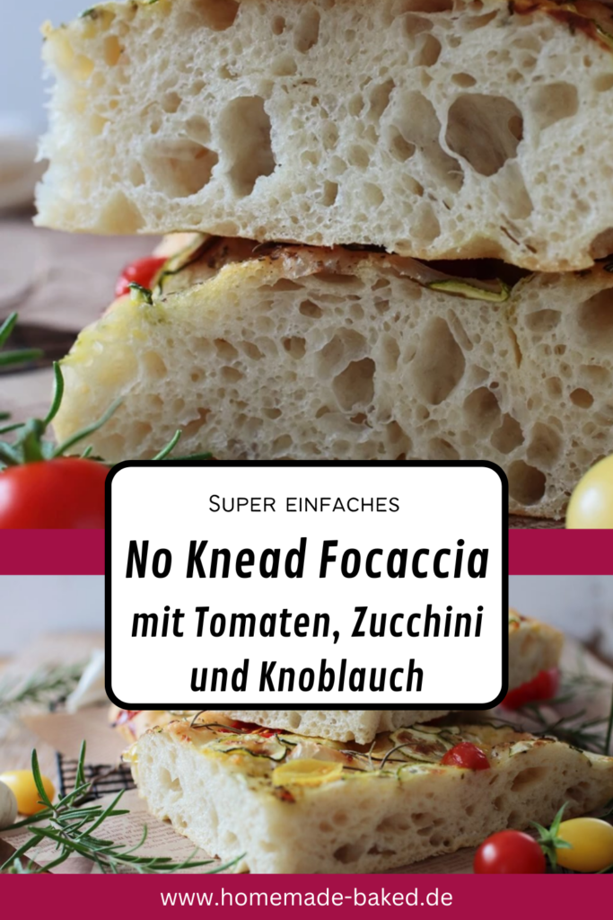 einfaches no knead focaccia mit tomaten, zucchini und knoblauch